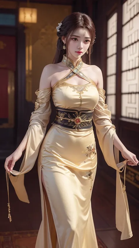 photorealistic,  high resolution,  soft light, 1women,  solo,  hips up,  dynamic pose,  shining skin,  jewelry,  hanfu