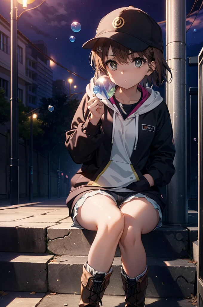 Mycotrose, Brown eyes,Brown Hair,short hair,Small breasts,Oversized black hoodie,Baseball cap,Shorts,boots,He has his hands in his hoodie pockets,Blowing bubble gum,Sitting on the stairs,evening,sunset,The sun goes down,whole bodyがイラストに入るように,　　　　　　　　　　　　　　　　　 　　　break looking at viewer, whole body,　　　 　　　　　　break outdoors, Area,　　　　　　　　　　　　　　　　　　break (masterpiece:1.2), Highest quality, High resolution, unity 8k wallpaper, (shape:0.8), (Beautiful and beautiful eyes:1.6), Highly detailed face, Perfect lighting, Highly detailed CG, (Perfect hands, Perfect Anatomy),