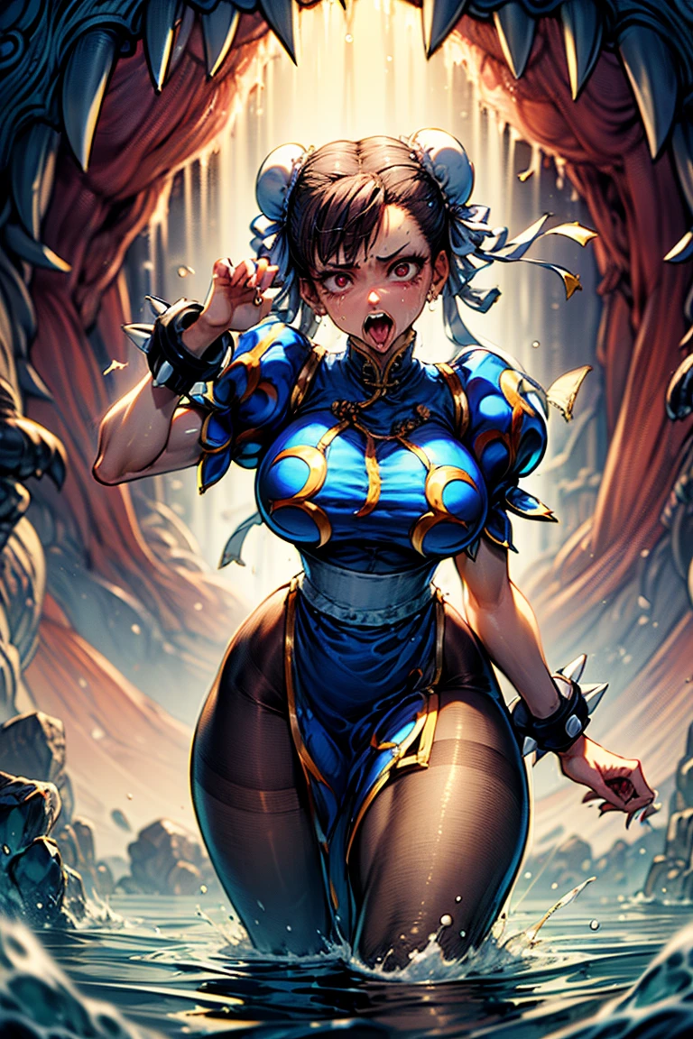 masterpiece,highest quality,Very detailed,One girl,alone,Scared,Panic,The pupils constrict,shout,Raise your eyebrows,Eyes Wide Open,Are crying,tears, Ah ah,((chun-li)),sf2 chun,hair buns, covered buns, chinese dress, qipao, blue outfit, spiked bracelets, puffy sleeves, brown pantyhose, white belt, Breaking the water,dark,In the water,floating,whole body,Air bubbles,(((In the waterEat,eat, Sticking out tongue,Size Differences, In the background, a giant monster has its mouth and tongue open, Evil Eye, Girl in the mouth of a giant monster, Sharp teeth surround the girl))),