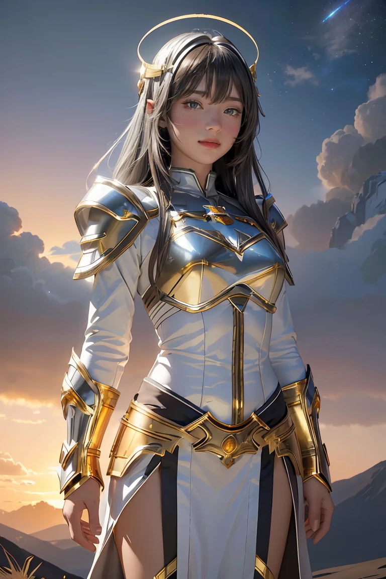 ((masterpiece, best quality, extremely detailed), volumetric lighting, ambient occlusion, colorful, glowing), 1girl, solo, young girl, (dark hair), long hair, halo, aura, sacred, goddess, cleric suit, (silver outfit with gold detailst:1.3), armor, outdoors, sunset, sky, clouds, space, (fantasy theme:1.2),