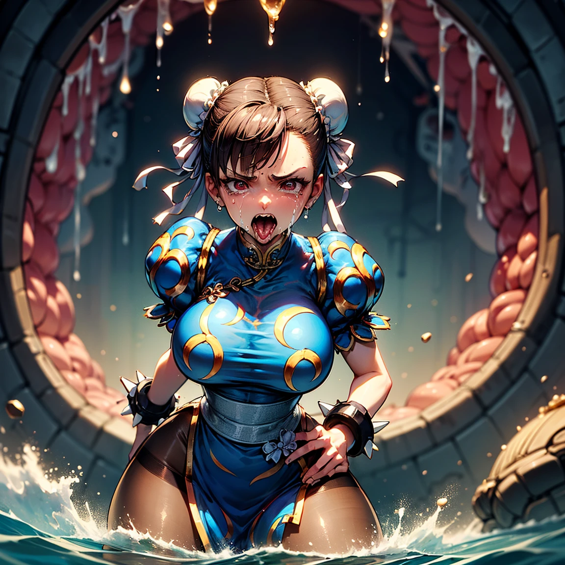 masterpiece,highest quality,Very detailed,One girl,alone,Scared,Panic,The pupils constrict,shout,Raise your eyebrows,Eyes Wide Open,Are crying,tears, Ah ah,((chun-li)),sf2 chun,hair buns, covered buns, chinese dress, qipao, blue outfit, spiked bracelets, puffy sleeves, brown pantyhose, white belt, Breaking the water,dark,In the water,floating,whole body,Air bubbles,(((In the waterEat,eat, Sticking out tongue,Size Differences, In the background, a giant monster has its mouth and tongue open, Evil Eye, Girl in the mouth of a giant monster, Sharp teeth surround the girl))),