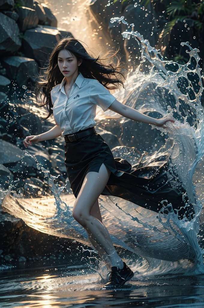 Full body shot, 18s woman in thai university uniform, long straight wet hair, white wet short-sleeve shirt, black wet tight mini skirt, brown belt, white sneakers, masterpiece:1.2, high detail, realistic, cinematic scene, slim and perfect figure, perfect body proportions, 16k, portrait photo, dynamic pose, dynamic compositions, water, surrounded by heavy swirl water, motion blur, long exposure, at sea shore, martial arts, blue light tone, water magic, (water element:1.2), poseidon, see black bra through the shirt, xuer martial arts, water wall, insane detailed on face