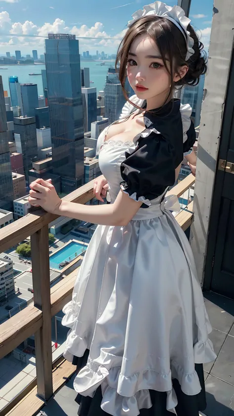 (Highest quality, masterpiece:1.2), High angle shot of a woman in a maid outfit taller than a skyscraper, Bird&#39;s Eye View, S...