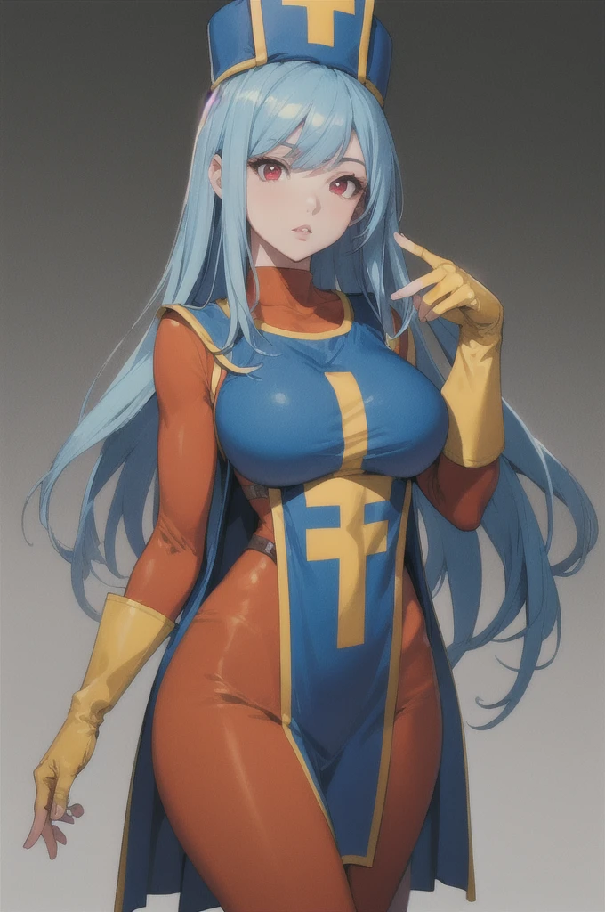 masterpiece,Highest quality, Unreal Engine, Ultra-high resolution, Very detailed,
One girl, Waist, thin, (Muscular:0.8)
Round Breasts, Big breasts, bold face,  Part your lips, Observe your audience,
Are standing, sexy pose
Waist shot,
Simple background anime style, Key Visual,
 Light blue hair, Red eyes, Long hair priest \(dq3\)
Orange bodysuit,Mitra,Tabard Elbow Gloves