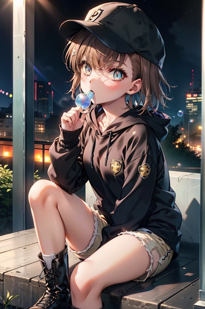 Mycotrose, Brown eyes,Brown Hair,short hair,Small breasts,Oversized black hoodie,Baseball cap,Shorts,boots,His hands are in his hoodie pockets,Blowing bubble gum,Sitting on the stairs,night,moonlight,whole bodyがイラストに入るように,　　　　　　　　　　　　　　　　　 　　　break looking at viewer, whole body,　　　 　　　　　　break outdoors, construction area,　　　　　　　　　　　　　　　　　　break (masterpiece:1.2), Highest quality, High resolution, unity 8k wallpaper, (shape:0.8), (Beautiful and beautiful eyes:1.6), Highly detailed face, Perfect lighting, Extremely detailed CG, (Perfect hands, Perfect Anatomy),