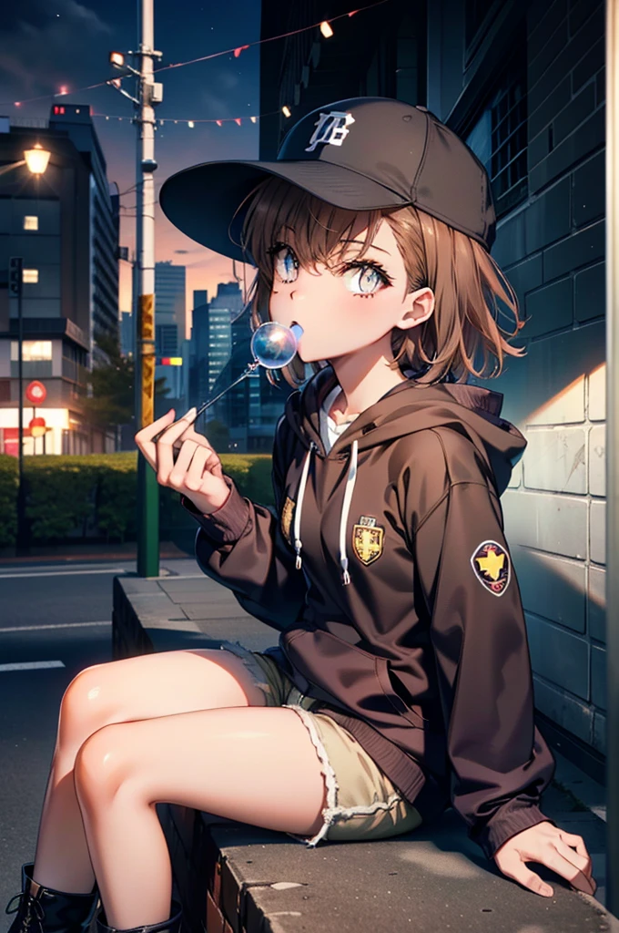 Mycotrose, Brown eyes,Brown Hair,short hair,Small breasts,Oversized black hoodie,Baseball cap,Shorts,boots,His hands are in his hoodie pockets,Blowing bubble gum,Sitting on the stairs,night,moonlight,whole bodyがイラストに入るように,　　　　　　　　　　　　　　　　　 　　　break looking at viewer, whole body,　　　 　　　　　　break outdoors, construction area,　　　　　　　　　　　　　　　　　　break (masterpiece:1.2), Highest quality, High resolution, unity 8k wallpaper, (shape:0.8), (Beautiful and beautiful eyes:1.6), Highly detailed face, Perfect lighting, Extremely detailed CG, (Perfect hands, Perfect Anatomy),