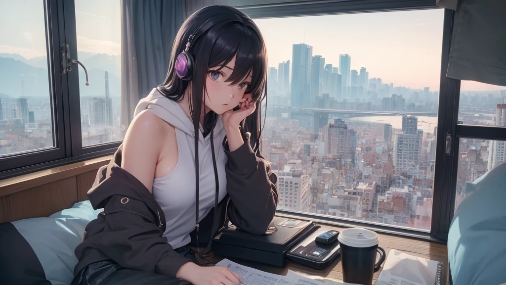 Absurd, Ultra-high resolution, (Official Art, beautifully、mysterious:1.2), Correct human body composition, Attractive body, Striking eyes, Oversized hoodie and short skirt, Shiny black hair, Larger than average bust, Girl listening to music with headphones, Looking out the window, Coffee on the desk, lo-fi girl, Makoto Shinkai and Artgelm, Anime atmosphere, Lofi Art Style, Anime style 8k, Anime Aesthetics, Lo-fi feel, Anime Art Wallpapers 8K, An atmosphere of praise, City Room, Teenage Girl's Room, A room for music lovers, city view from the window, Impressive cityscape, Bright sky