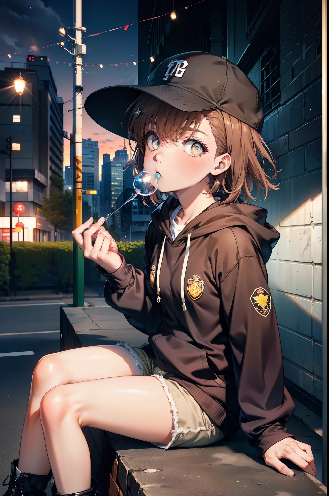 Mycotrose, Brown eyes,Brown Hair,short hair,Small breasts,Oversized black hoodie,Baseball cap,Shorts,boots,His hands are in his hoodie pockets,Blowing bubble gum,Sitting on the stairs,night,moonlight,whole bodyがイラストに入るように,　　　　　　　　　　　　　　　　　 　　　break looking at viewer, whole body,　　　 　　　　　　break outdoors, construction area,　　　　　　　　　　　　　　　　　　break (masterpiece:1.2), Highest quality, High resolution, unity 8k wallpaper, (shape:0.8), (Beautiful and beautiful eyes:1.6), Highly detailed face, Perfect lighting, Extremely detailed CG, (Perfect hands, Perfect Anatomy),