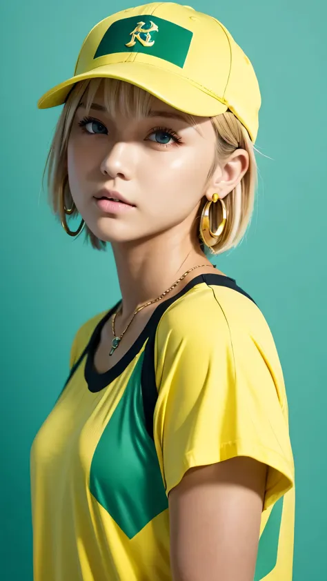 Tetsuya Nomura, masterpiece, highest quality, 1 girl, aqua eye, baseball cap, blonde hair, closed mouth, earrings, 
green backgr...