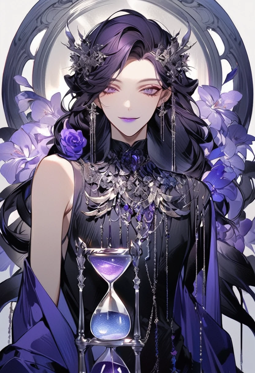 Feminine boy, soft womanish facial features, smile, squinted siren dark blue eyes without glare, silver and dark purple long loose hair with straight bang, fantasy black clothes with blue and purple elements, long black gloves, model, gorgeous, elegant, lots of silver jewelry, flowers in his hair, skinny body, hourglass figure, light lipstick