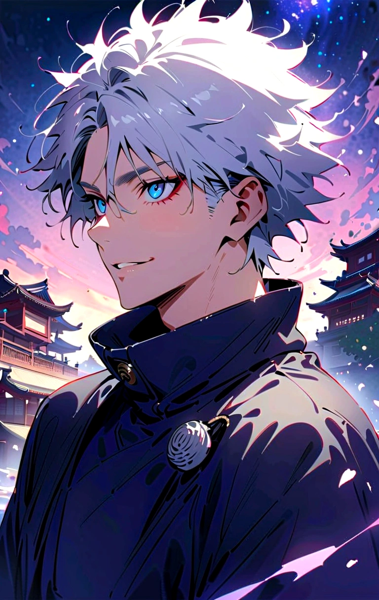 (masterpiece:1.3),(Highest quality:1.4),(Very detailedな:1.5),High resolution,Very detailed,8K,(1 male,Gojo Satoru,JUJUTSU KAİSEN,Gray Hair)Gojo Satoru,Be confident々smile,Beautiful Blue Eyes、（The background is blue and purple space）