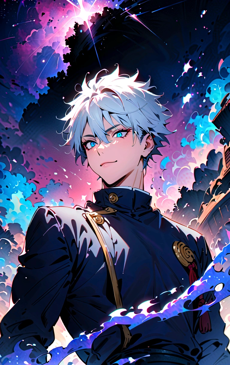 (masterpiece:1.3),(Highest quality:1.4),(Very detailedな:1.5),High resolution,Very detailed,8K,(1 male,Gojo Satoru,JUJUTSU KAİSEN,Gray Hair)Gojo Satoru,Be confident々smile,Beautiful Blue Eyes、（The background is blue and purple space）