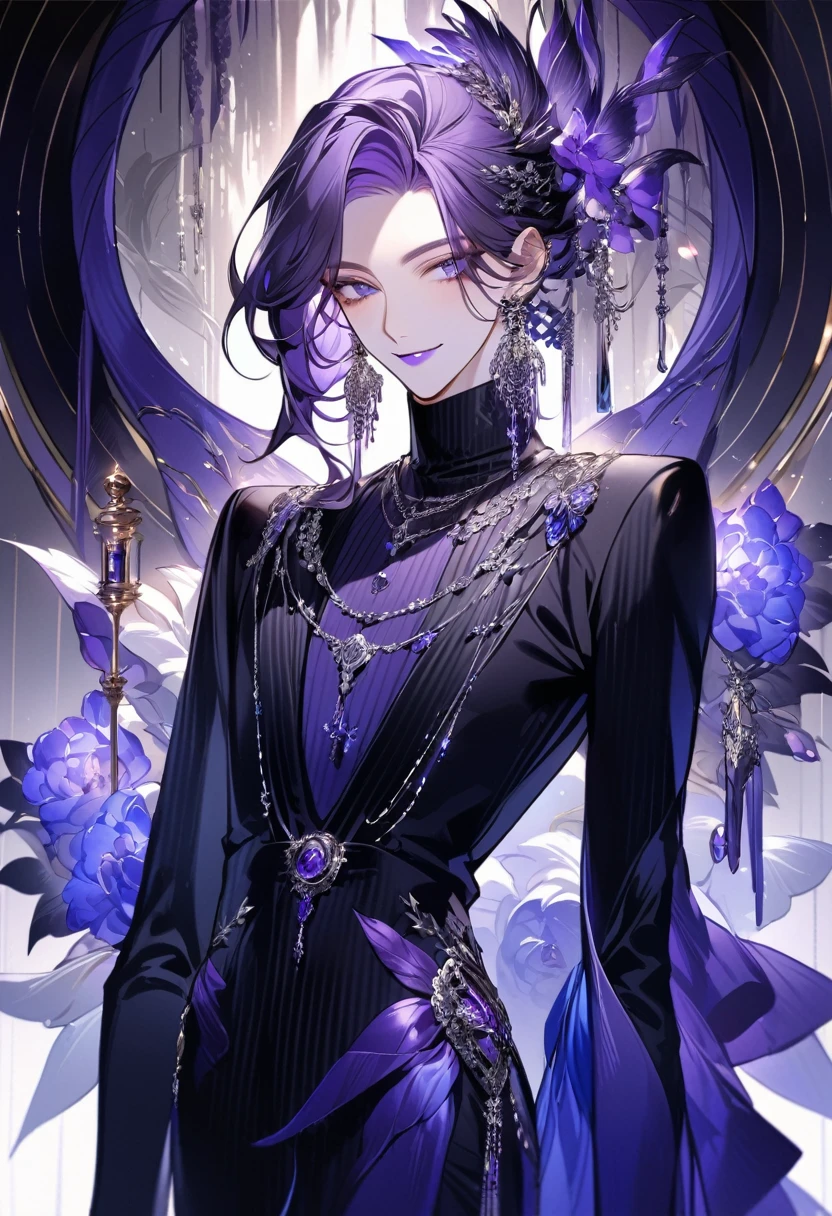 Feminine boy, soft womanish facial features, smile, squinted siren dark blue eyes without glare, silver and dark purple long loose hair with straight bang, fantasy black clothes with blue and purple elements, long black gloves, model, gorgeous, elegant, lots of silver jewelry, flowers in his hair, skinny body, hourglass figure, light lipstick