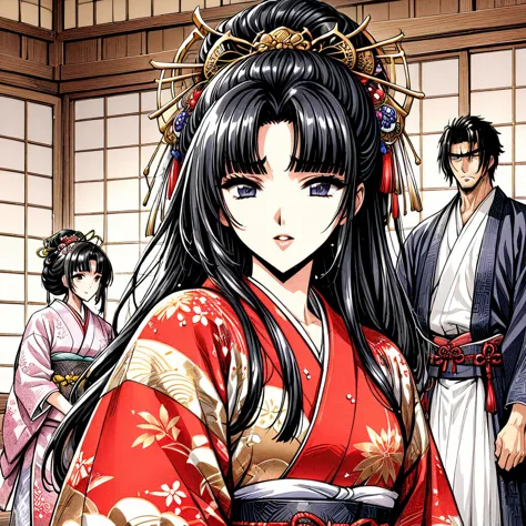 ((Highest quality)), ((masterpiece)), (detailed), （Perfect Face）、（The woman is a princess from the Sengoku period in Japan., Lon...