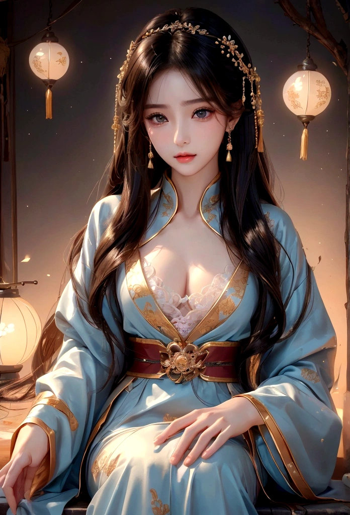 Best image quality、8K、masterpiece：1.3))、Realistic high-quality photos、Highest quality、 Beautiful face、Photos of slim models、Beautiful girl model、Young and pretty face、Beautiful model girl、A lovely and delicate face、Black Hair、Beautiful brown eyes、Young Body、Hanfu, (emphasize)、from the front、Camera gaze,、Anatomically correct、胸の谷間をemphasize、whole body