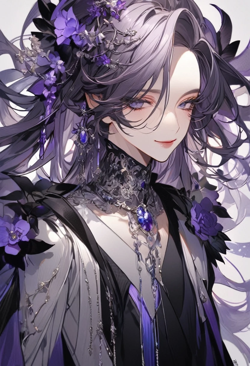 Feminine boy, soft womanish facial features, smile, squinted siren dark blue eyes without glare, silver and dark purple long loose hair with straight bang, fantasy black clothes with blue and purple elements, long black gloves, model, gorgeous, elegant, lots of silver jewelry, flowers in his hair, skinny body, hourglass figure, light lipstick