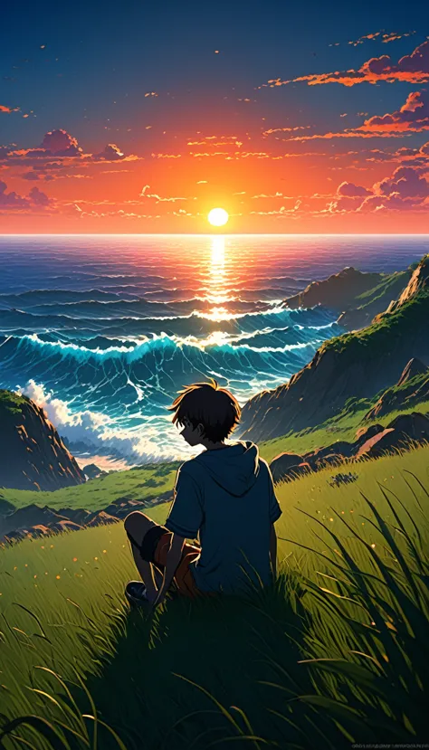 High quality, 8K Ultra HD. The image shows a boy sitting anime watching 
 The terrifying ocean at sunrise from a grassy hill, wi...
