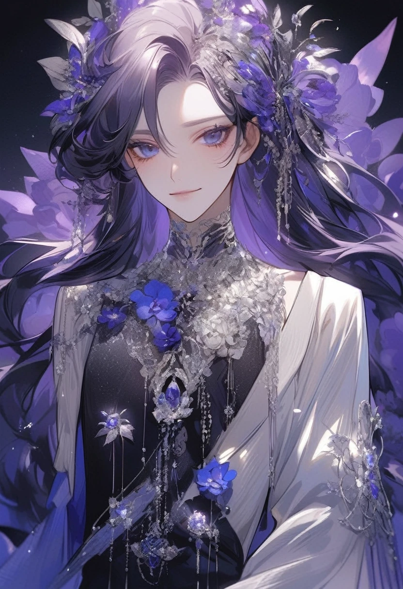 Feminine boy, soft womanish facial features, smile, squinted siren dark blue eyes without glare, silver and dark purple long loose hair with straight bang, fantasy black clothes with blue and purple elements, long black gloves, model, gorgeous, elegant, lots of silver jewelry, flowers in his hair, skinny body, hourglass figure, light lipstick