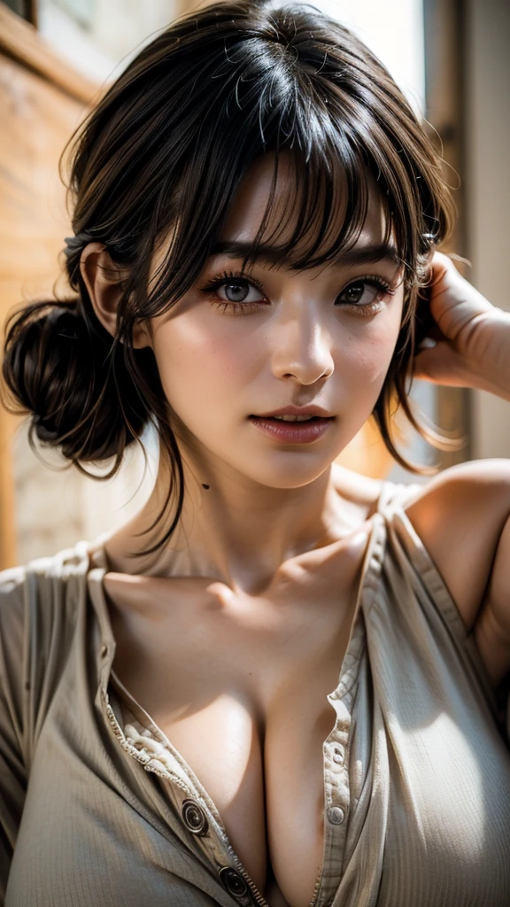 (masterpiece:1.3), (8K, Photorealistic, Raw photo, Best image quality: 1.4), Japanese schoolgirl、(Random Hairstyles:1.2)、Cleavage:1.2、Super detailed face、Attention to detail、double eyelid、Put your chest together、Sharp focus:1.2、Beautiful woman:1.4、Light brown hair、Highest quality、masterpiece、Ultra-high resolution、(Photorealistic:1.4)、, compensate, eye shadow, Thick eyelashes, Fantasy, Looking at the audience, spring ((Natural big breasts:1.4)),((Upper Body))