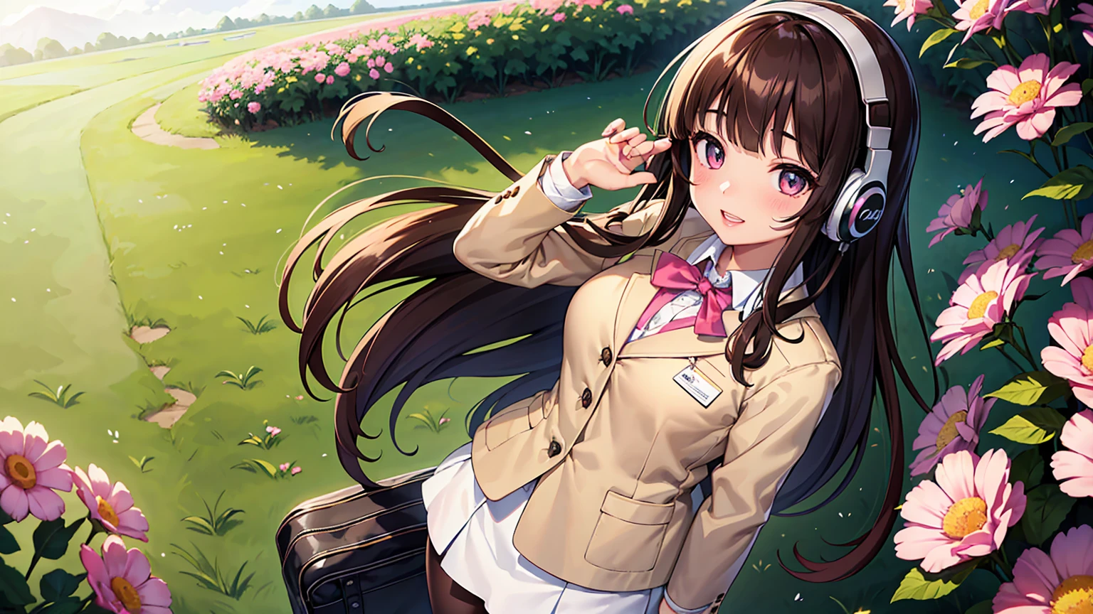 masterpiece、high resolution 8k、NSFW、sharp focus、contrast lighting、fine skin、muste piece、 highest quality、Ultra - High resolution、Super high resolution、Highly detailed CG、A young girl , wearing headphones, is standing among a field of pink flowers. The headphones have a black band and red accents. The girl's hair is swept back by the wind, and she is looking off to the side, away from the camera、beautiful eyes、(Detailed face and iace:1 2)、narrow eyes、almond eye、Black pupil、eye gradation eye highlight:1.2)、(light reddish brown hair、middle、asymmetrical bangs)、(ID card、Blazer for office wear shortage、white cutter shirt、black pencil skirt、pumps)、(plump lips、gross、glossy lips、small breast size) 、(oval face : 1.4)、(thin fingers、fine arms、detailed human hand)、laughter half open、teeth visible