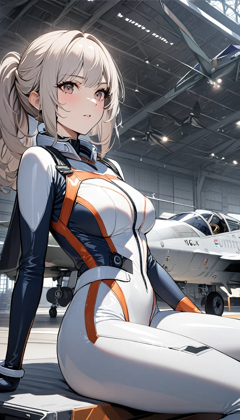 (((Masterpiece Highest Quality Unity 16k))),(((Tight pilot suit))),1 female,(Senior female pilot),A solemn expression,(((Fighter hangar))),Cowboy shooting,