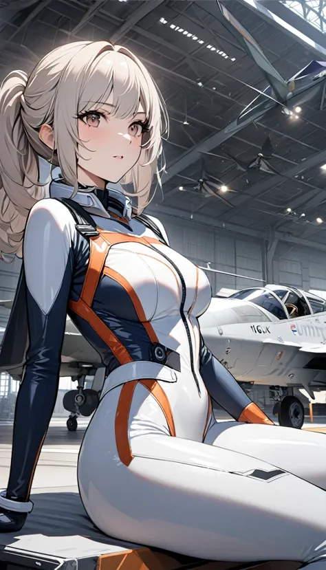 (((masterpiece highest quality unity 16k))),(((tight pilot suit))),1 female,(senior female pilot),a solemn expression,(((fighter...