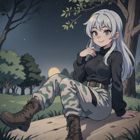  sexy Girl wearing black sweaters, gray camouflage pants, seductive smile,army boots, forest night,
