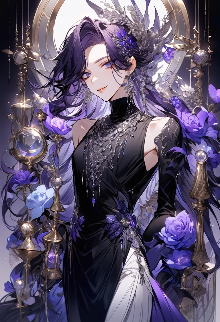 Feminine boy, soft womanish facial features, smile, squinted siren dark blue eyes without glare, silver and dark purple long loose hair with straight bang, fantasy black clothes with blue and purple elements, long black gloves, model, gorgeous, elegant, lots of silver jewelry, flowers in his hair, skinny body, hourglass figure, light lipstick