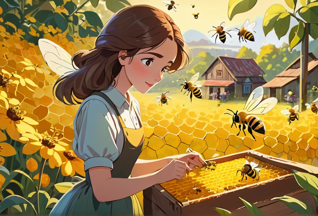 Eine Frau, die sich um Bienen auf einer Imkerei kümmert, (Meisterwerk beste Qualität:1.2) zarte Illustration ultra-detailliert,  (Disney-bezogene Veranstaltung) Bauernhof im Freien,  detaillierter Hintergrund, Illustrationen, Hell, bunt, 