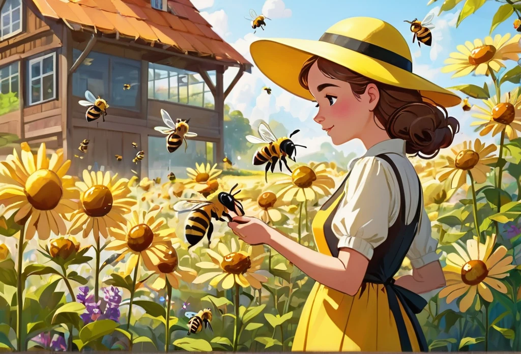 A lady taking care a bees in a bee farm, (masterpiece best quality:1.2) delicate illustration ultra-detailed,  (disney-related event) out door farm,  detailed background, illustrations, bright, colourful, 