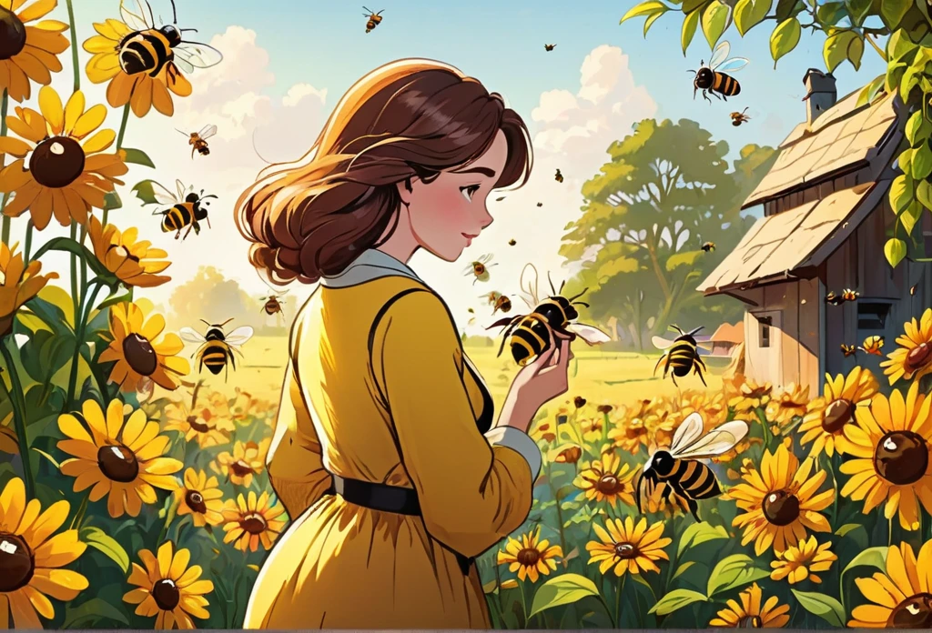 A lady taking care a bees in a bee farm, (masterpiece best quality:1.2) delicate illustration ultra-detailed,  (disney-related event) out door farm,  detailed background, illustrations, bright, colourful, 