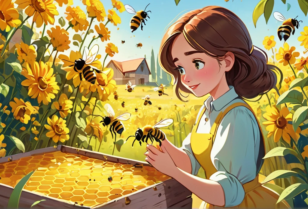 Eine Frau, die sich um Bienen auf einer Imkerei kümmert, (Meisterwerk beste Qualität:1.2) zarte Illustration ultra-detailliert,  (Disney-bezogene Veranstaltung) Bauernhof im Freien,  detaillierter Hintergrund, Illustrationen, Hell, bunt, 