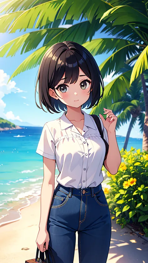 ((highest quality)), ((masterpiece)), (detailed), 
a beautiful girl with short black hair wearing a short-sleeved summer shirt a...