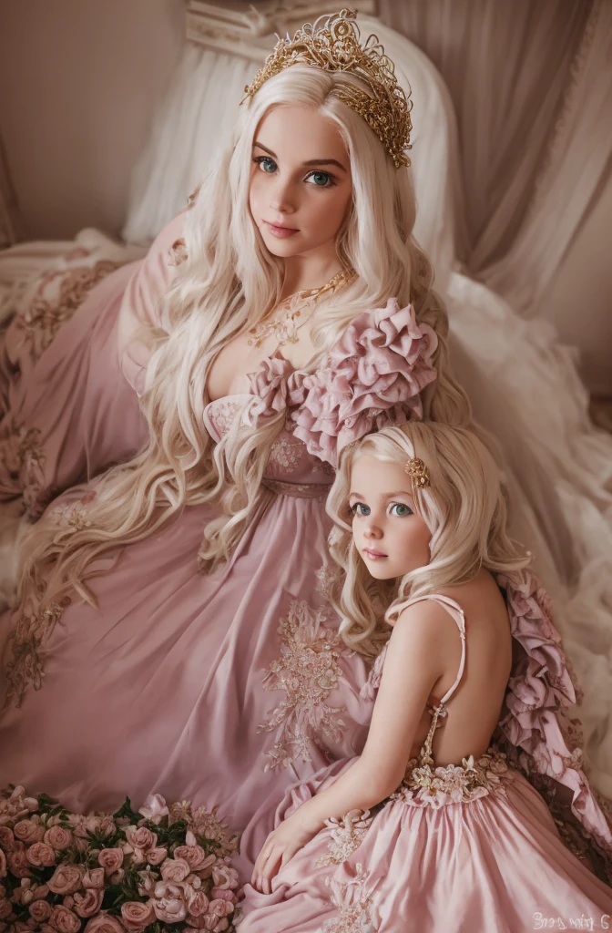 White Blonde hair, fluffy hair, stylish hair, long hair, lilac eyes, perfect eyes, beautiful, perfect face, tween, , short, kind, curvy, a flowing pale airy gown with ruffles along the bottom with tiny pink flowers and gold dragon embroideries with flowers, Her tiara had a pretty teal gemstones, silver necklace, noble class, royal, royalty, red castle, feasting hall, medieval, elegant surroundings, soft dewy makeup look, light peach blush, soft tan eyeshadow, light coral lipstick, cutesy, girlish, girly, guileless, ingénue, princess , whimsical lighting, Targaryen, dragons in the sky, photorealistic, pregnant, baby bump,
