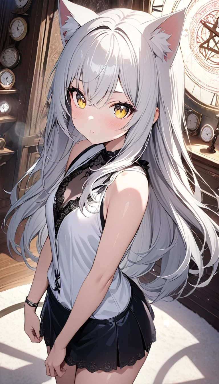 looking at viewer,{masterpiece},{best quality},{1girl},Amazing,beautiful detailed eyes,finely detail,Depth of field,extremely detailed CG,original,extremely detailed wallpaper,loli,white_hair,magic_circle,cat_ears,long_hair,white_hair/yellow_eyes,slender waist,lace,mini skirt,indoor,pentagram,clock,