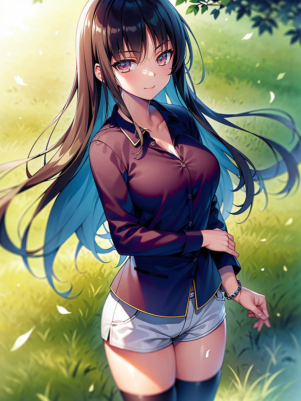 (8K, Highest quality, Highest quality, masterpiece), standing, 1girl, fullbody, solo, cowboy shot, aasuzune, long hair, black hair, hair loose in the wind, leafs in the air, (summer sky), casual shirt, mini top, black thighhighs, smile, Shorts, outdoors, large breasts, cleavage