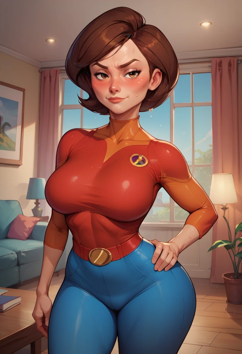  in a living room, one hand on hip, seductive smirk, big breasts, wide hips, big ass, Helen parr,standing, blushing,sweating, elastigirl outfit