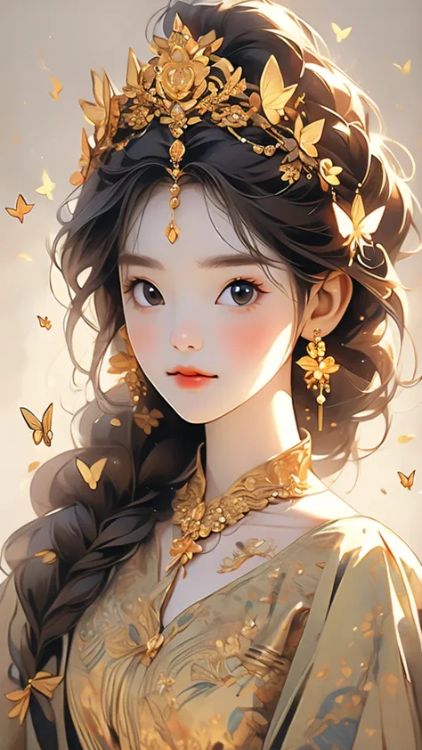 a pretty but beautiful woman wearing gold costume adorned with crown and butterflies, 1girl, jewelry, bug, solo, butterfly, brow...