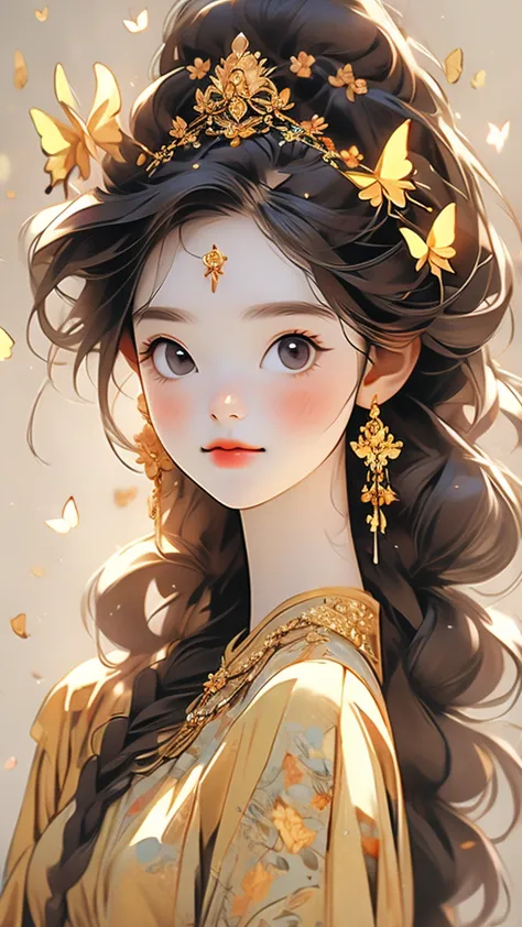 a pretty but beautiful woman wearing gold costume adorned with crown and butterflies, 1girl, jewelry, bug, solo, butterfly, brow...