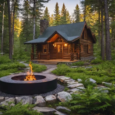 a wooden cabin with a fire pit in the middle of a forest, a brick cabin in the woods, cottage in the woods, cabin in the woods, ...