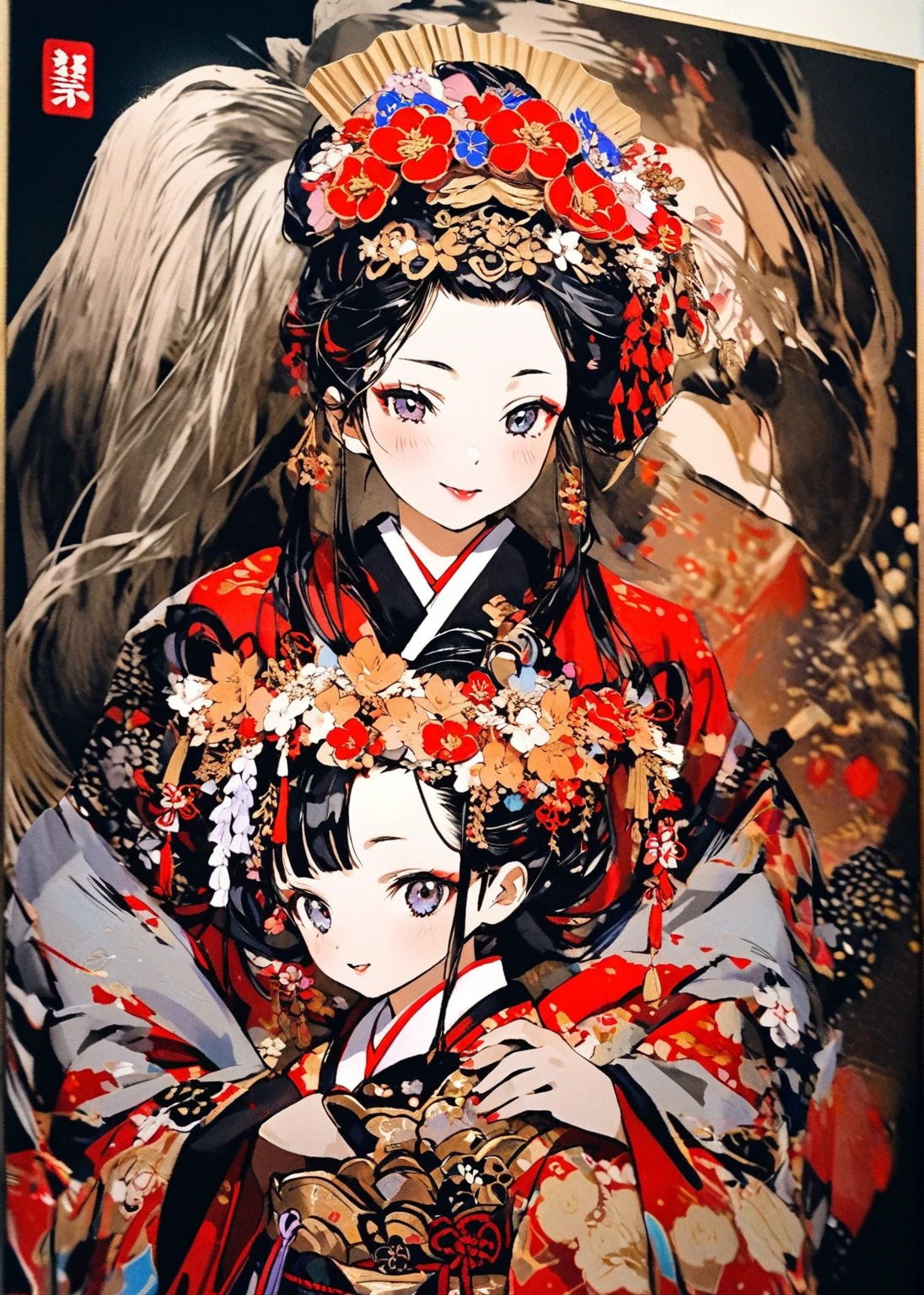 A 12-year-old princess wearing a red kimono and a flower crown, Traditional Japanese, traditional geisha clothing, Japanese women, Wearing Imperial Kimono, japanese geisha, geisha photo portrait, female geisha girl, elegant Japanese women, Japanese Kimono, In kimono, Traditional beauty, Wearing kimono and armor, portrait of geisha, wearing a haori, geisha　She gets an old man&#39;s dick shoved in her pussy