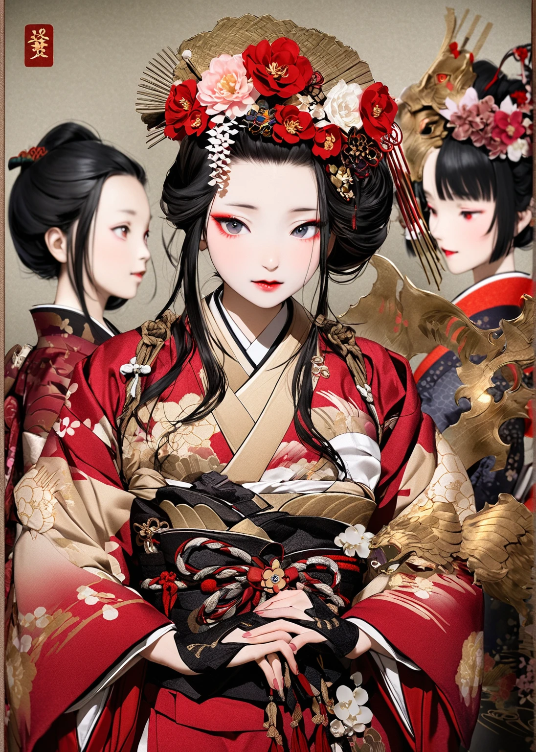 A 12-year-old princess wearing a red kimono and a flower crown, Traditional Japanese, traditional geisha clothing, Japanese women, Wearing Imperial Kimono, japanese geisha, geisha photo portrait, female geisha girl, elegant Japanese women, Japanese Kimono, In kimono, Traditional beauty, Wearing kimono and armor, portrait of geisha, wearing a haori, geisha　She gets an old man&#39;s dick shoved in her pussy