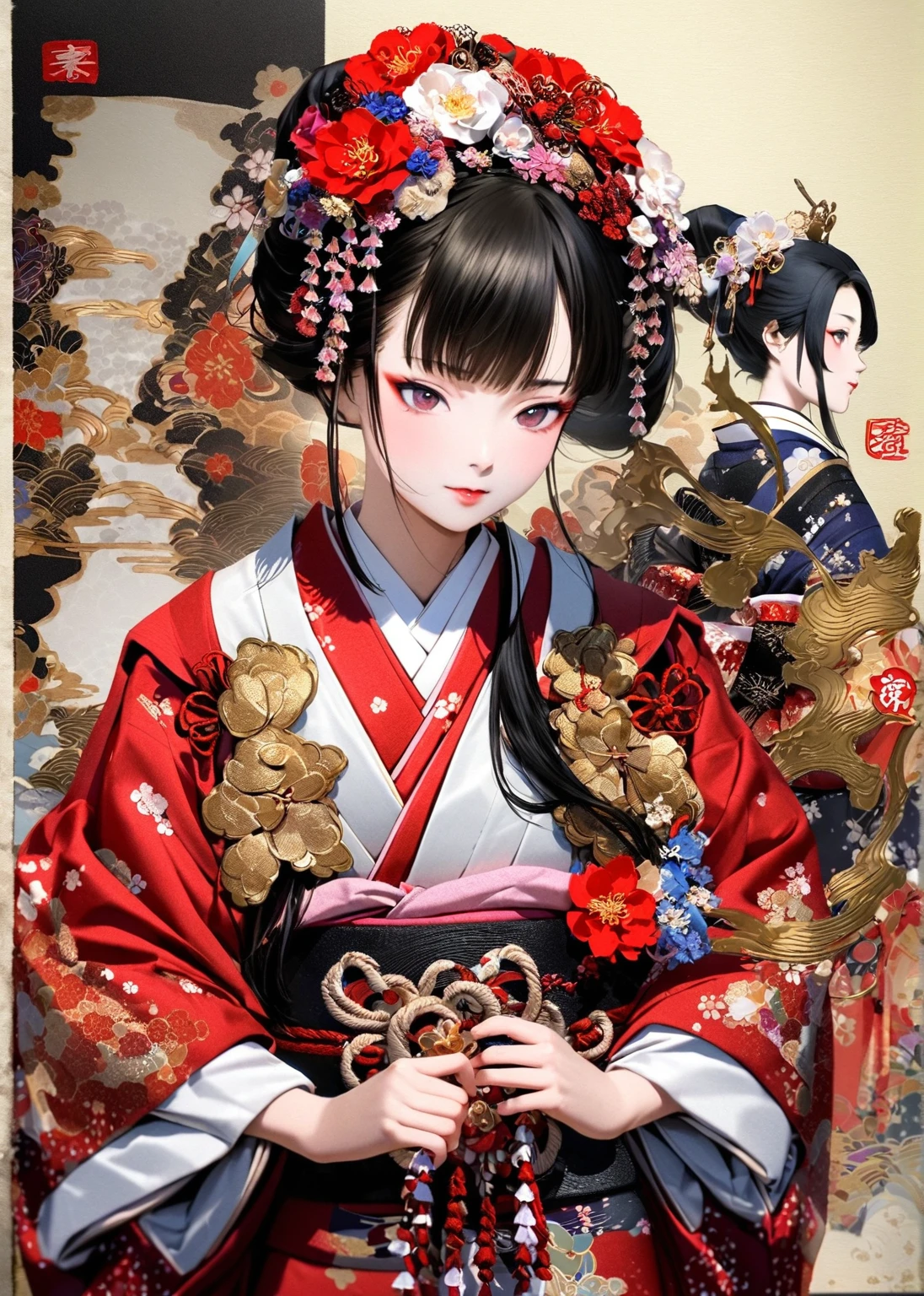 A 12-year-old princess wearing a red kimono and a flower crown, Traditional Japanese, traditional geisha clothing, Japanese women, Wearing Imperial Kimono, japanese geisha, geisha photo portrait, female geisha girl, elegant Japanese women, Japanese Kimono, In kimono, Traditional beauty, Wearing kimono and armor, portrait of geisha, wearing a haori, geisha　She gets an old man&#39;s dick shoved in her pussy