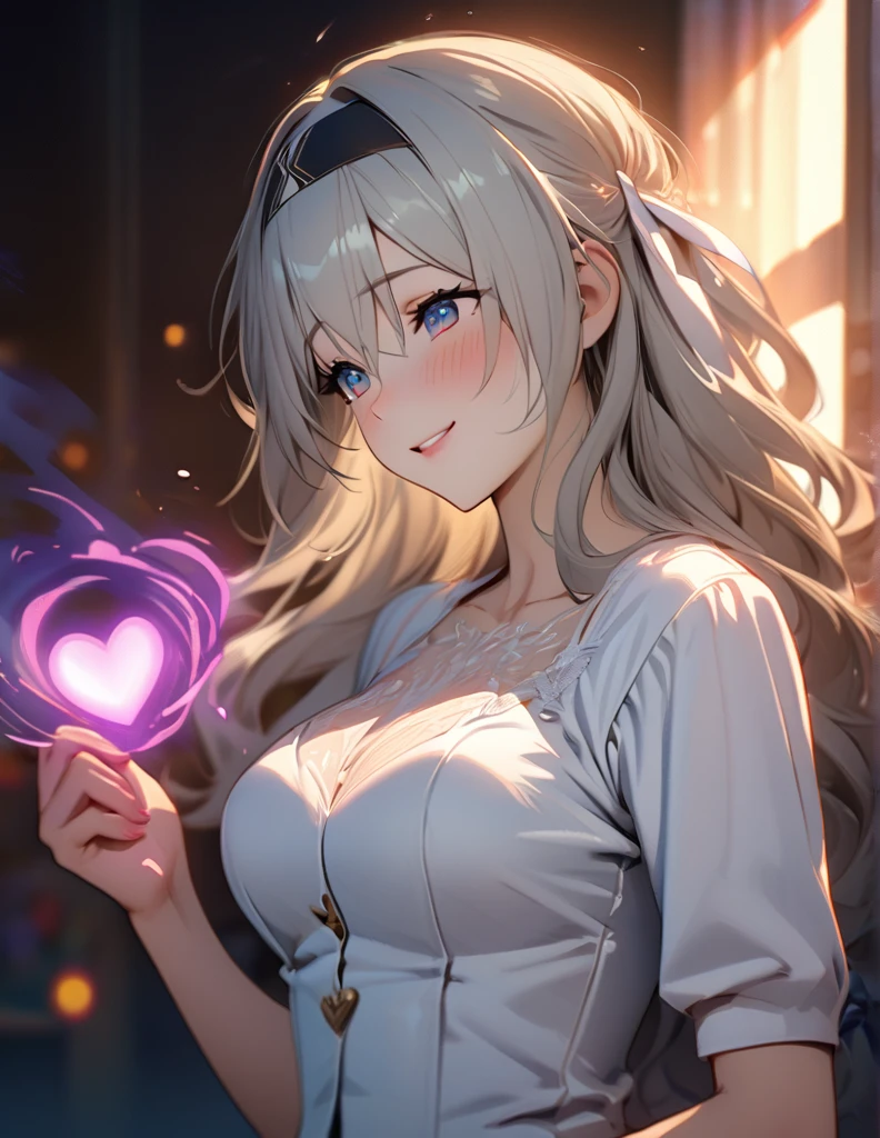 beautiful girl, long grey hair, beautiful face,smiling,close up to hips, beautiful breast, illustration,detailed textures(realists),ultra-detailed,portrait style,vivid colors,soft lighting, blushing, mature, hair fluttering, evening light , head band, ((half body)), wearing simple shirts , perky. ((side profile until hips)), very shy, Couple, wedding style, Wedding dress, White Tuxedo, love confession, heart, pink, magic, kissing,