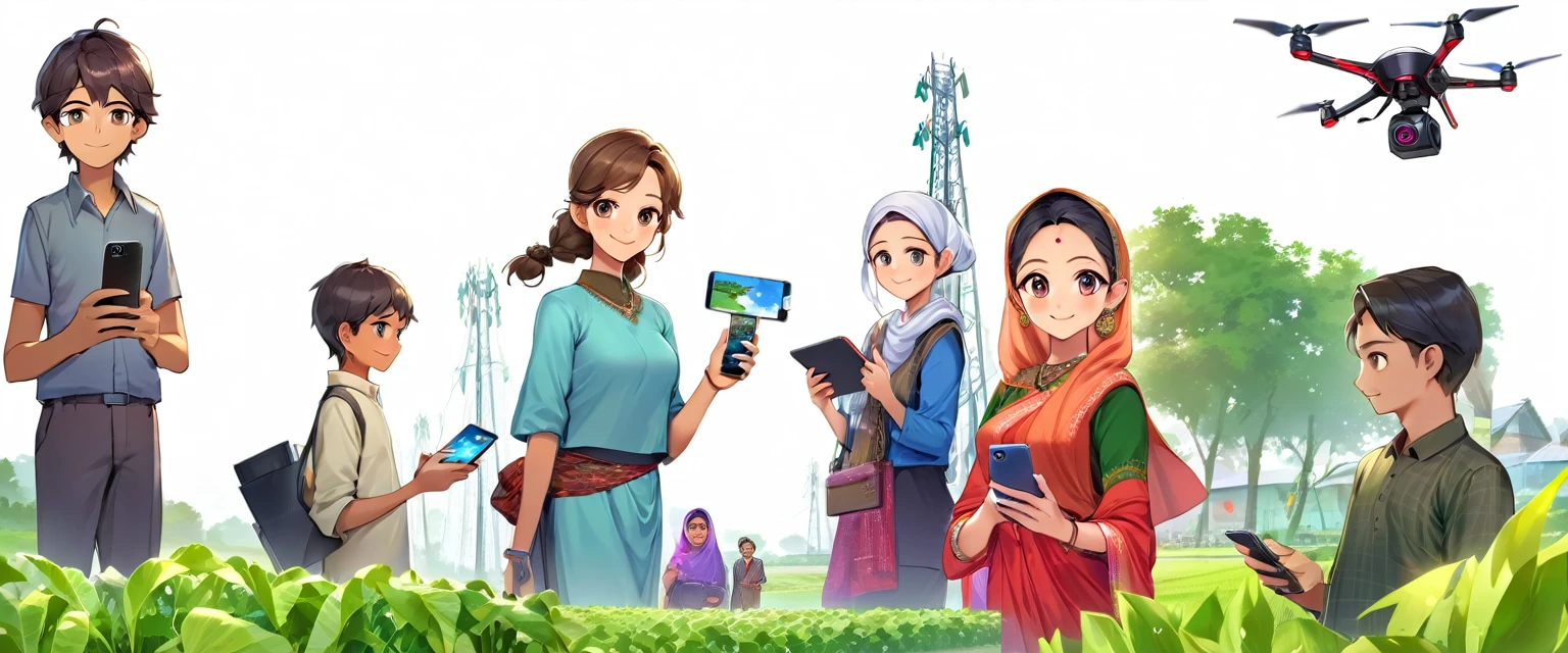 (Bangladesh)), imagen de póster de un paisaje vibrante de Bangladesh, donde convergen tradición y tecnología, a Pueblo Inteligente emerges., Pueblo Inteligente: Uniendo la tradición y la comunidad conectada a la tecnología: Los aldeanos adoptan Internet y las computadoras, mejorar su vida diaria y su trabajo. Agricultura moderna: Agricultores que utilizan teléfonos inteligentes para una mejor gestión de cultivos y acceso al mercado. Familias habilitadas por la tecnología: Familias felices que se benefician de una mejor comunicación y educación a través de la tecnología. Infraestructura innovadora: Torres móviles que garantizan una conectividad perfecta, con drones y robots apoyando la agricultura