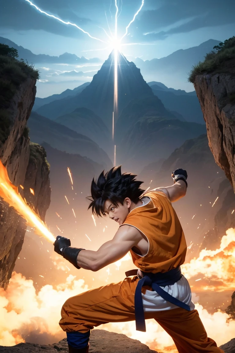 Create a detailed illustration of Goku from "Dragon Ball." He should be depicted in his Super Saiyan form, with his iconic spiky golden hair and intense blue eyes. Goku should be wearing his traditional orange and blue martial arts gi, complete with the Turtle Hermit School symbol on the front and back. He should be in a dynamic fighting stance, surrounded by a glowing golden aura that signifies his immense power. The background should be a dramatic, rocky terrain with energy bursts and a clear blue sky, emphasizing the epic nature of the scene. Goku's expression should be fierce and determined, showcasing his readiness for battle.