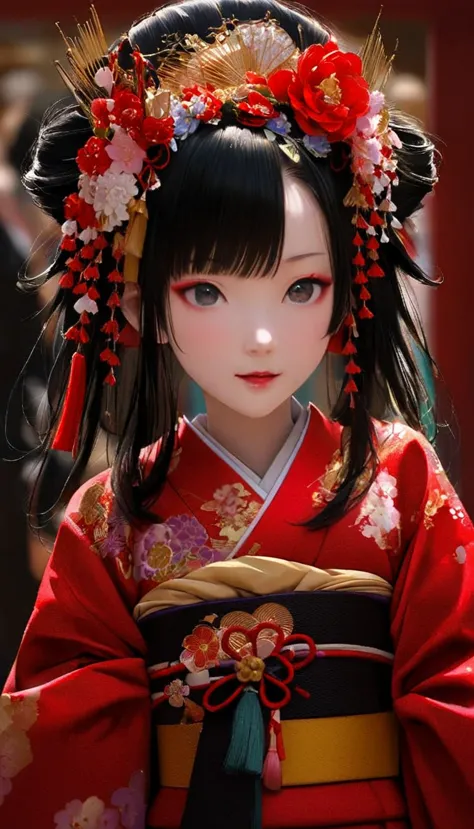 A 12-year-old princess wearing a red kimono and a flower crown, Traditional Japanese, traditional geisha clothing, Japanese wome...