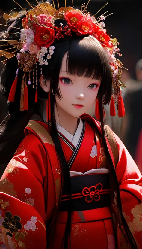 A 12-year-old princess wearing a red kimono and a flower crown, Traditional Japanese, traditional geisha clothing, Japanese wome...