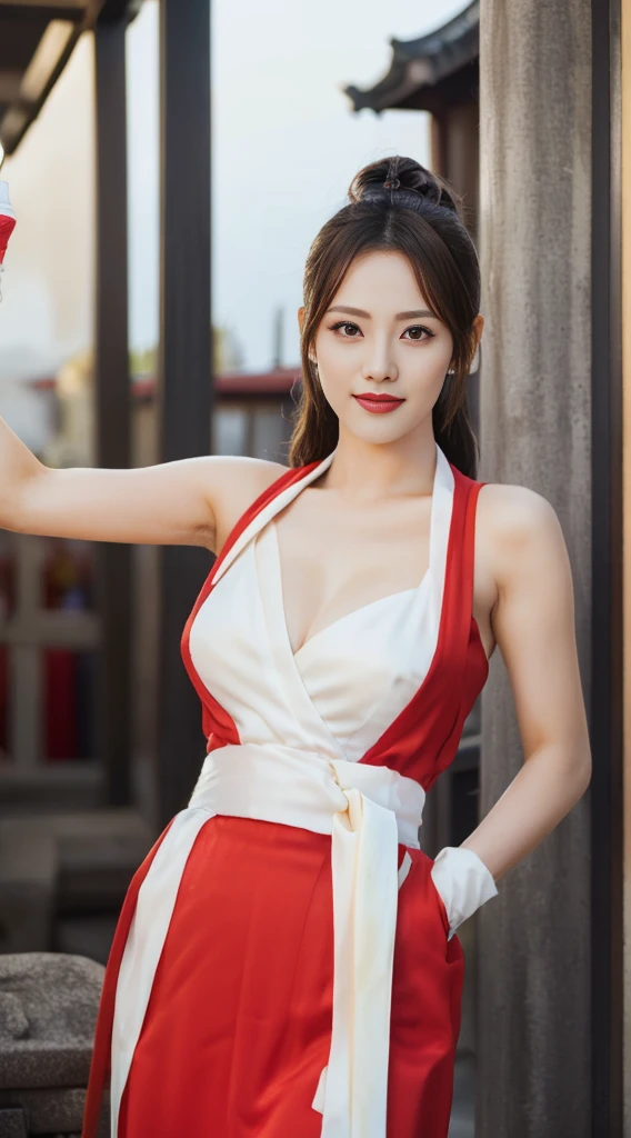 Mai Shiranui, Brown eyes, Long hair, Brown hair, White Ribbon, sleeveless, Ponytail, sash, Pelvic Curtain, Arm Guard, Gloves, or, Expression, Sexy eyes, Huge breasts, Smile, Lovely, View Viewer, Long hair, ，Close to Japanese temples, (Breast Focus:1.2), (Practical:1.2), (panoramic: 1.2), (realism), (masterpiece:1.2), (best quality), (Extremely detailed), (8K, 4K, complex),  (85 mm), Light Particles, light, (Very detailed:1.2), (Delicate face:1.2), (Gradient), Virus, rich and colorful, (Delicate eyes:1.2), (Detailed Japanese temples: 1.2),(Detailed background), (Dynamic Angle:1.2), (Dynamic poses:1.2), (Action route:1.2), Wide-angle lens, sunlight, Solitary.