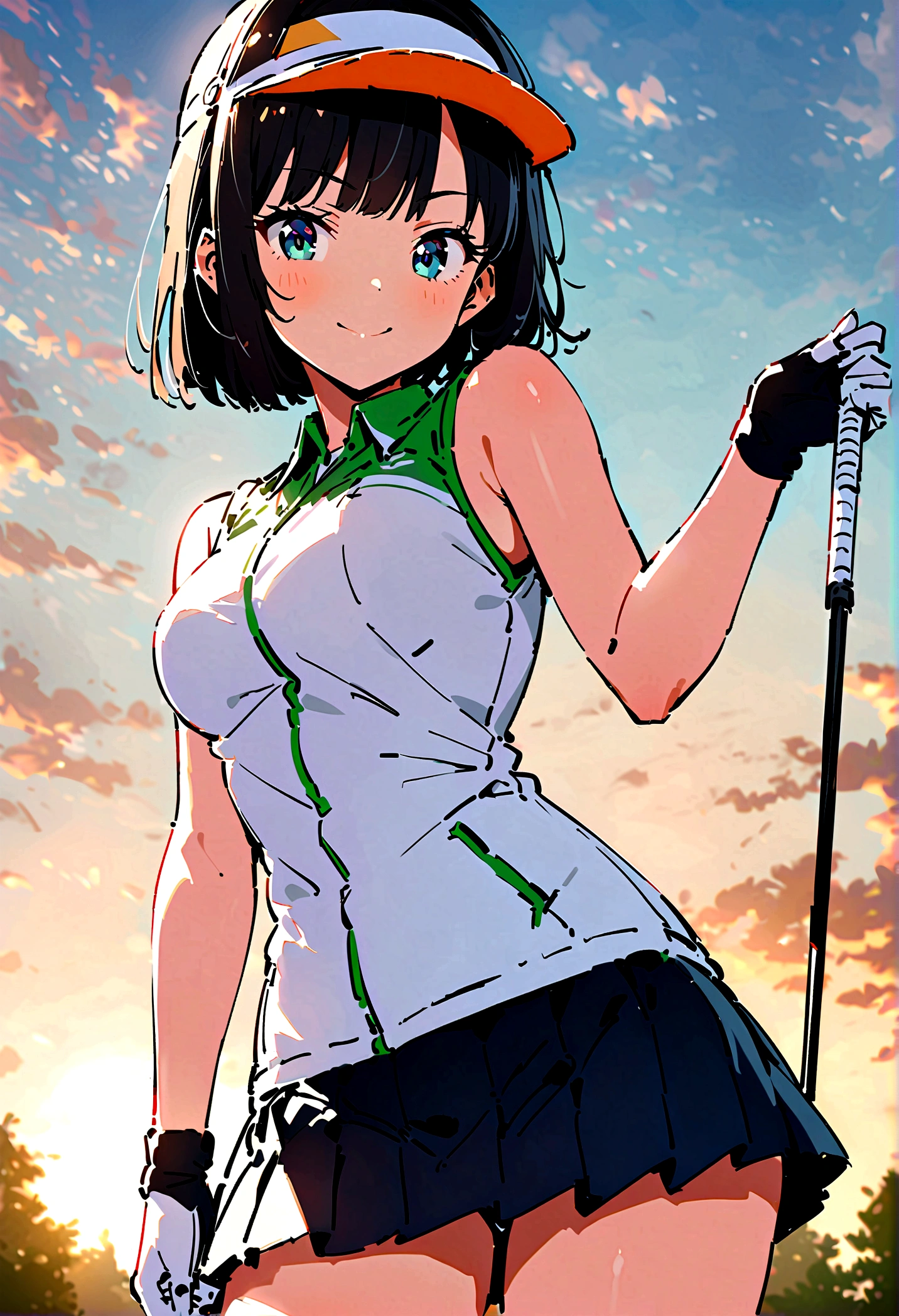 sound　High resolution　The beauty of 8k　Woman playing golf　Golf course　Beautiful woman　Bobcut　Black Hair　　Golf Wear　mini skirt　smile　　Looking into the camera　nice shot　Sleeveless　Sun visor